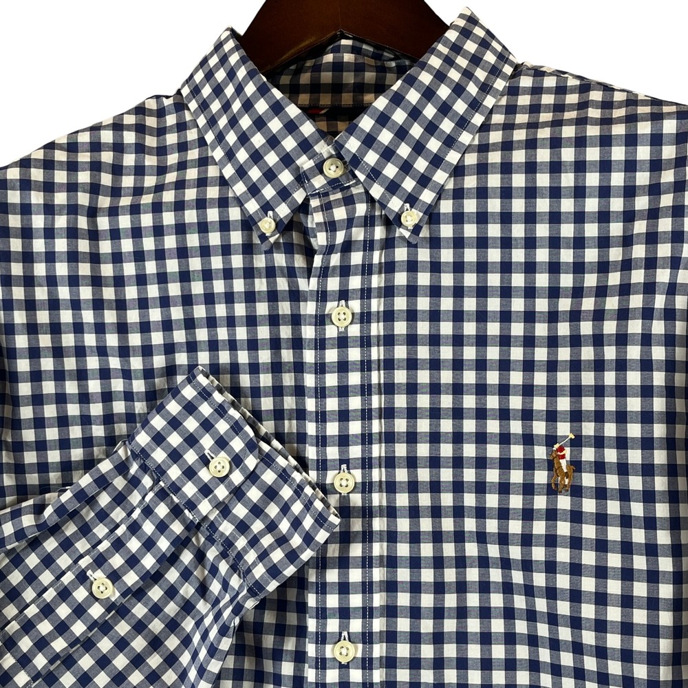 Ralph Lauren Mens XL Gingham Shirt Blue White Cotton Stretch Flesh Pony Button